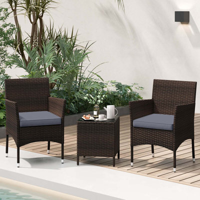 3 Pcs Outdoor Conversation Set With Cushioned Seat & Tempered Glass Tabletop