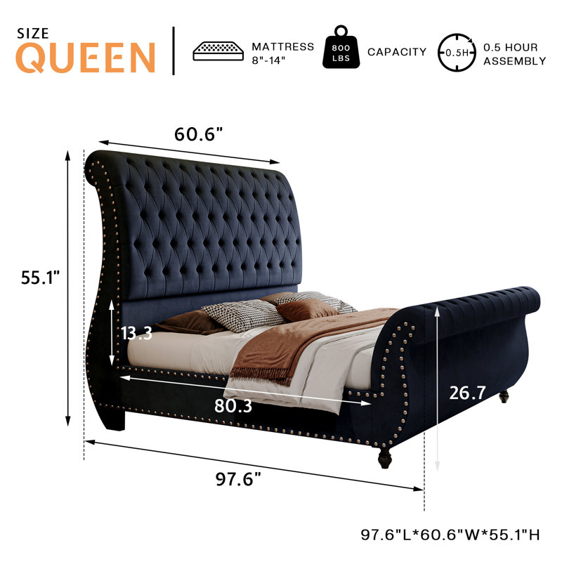 Tufted Wingback Velvet Platform Bed with Nailhead Trim, Curved Sleigh Design, Queen Size, Black