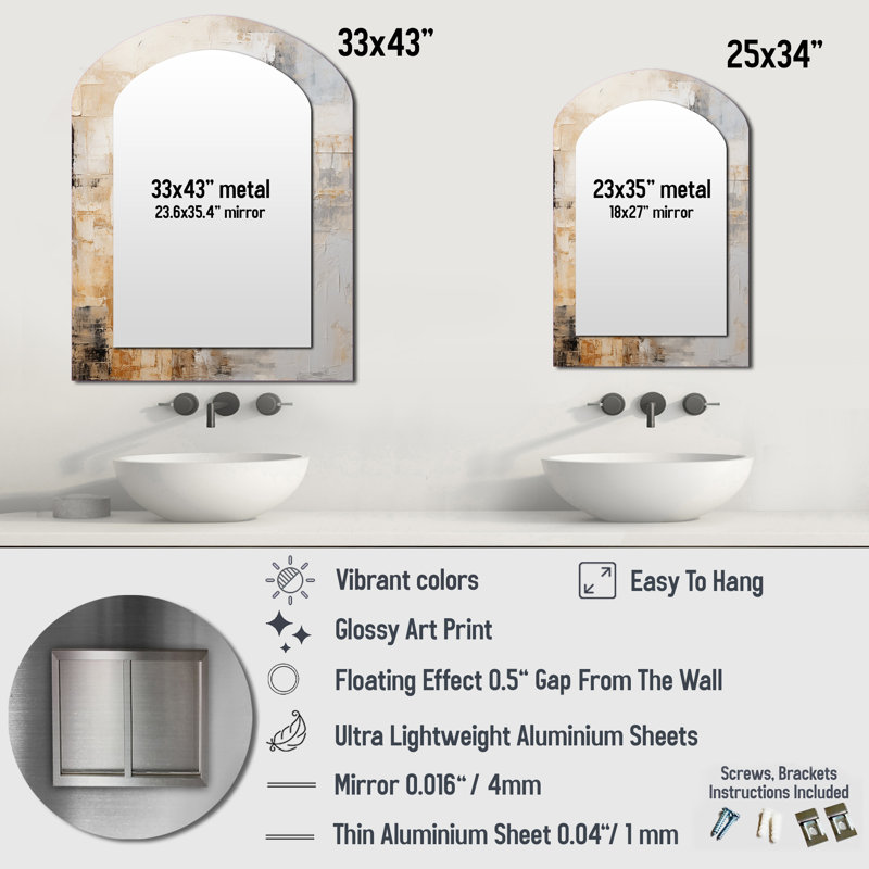 Or et beige Soft Fusion - grand miroir en forme d'arche, miroir mural décoratif asymétrique beige, impression d'art en métal