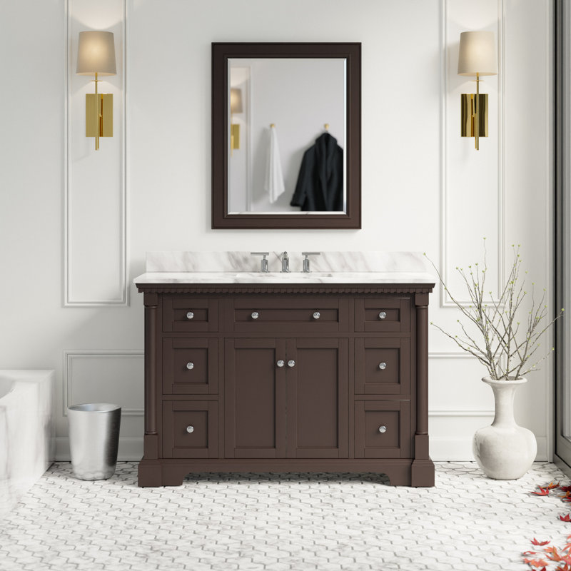 Ensemble de meuble-lavabo simple 48 po avec armoire en chocolat et comptoir en marbre de Carrare, Chocolat, Marbre de Carrare