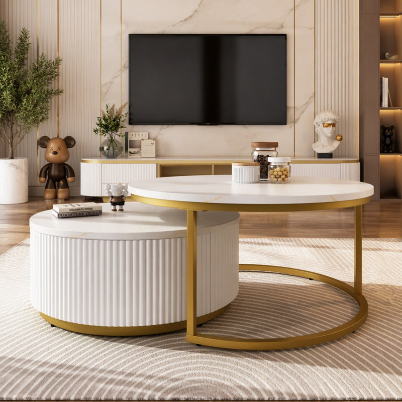 Modern Round Nesting Coffee Table Fluted With Drawer In White & Gold In 27.6", White/Gold