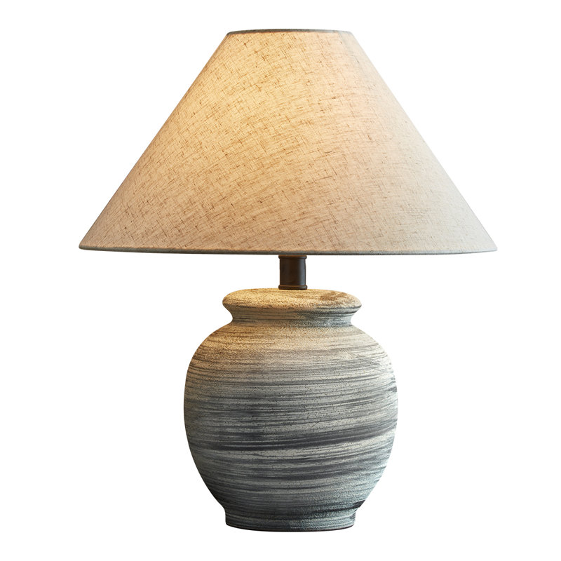 Gray Washed Ceramic Table Lamp With Free Bulb Included, Farmhouse Bedside Lamp For Bedroom Living Room, Neutral Rustic Table Lamp With Linen Shade, E26 Nightstand Lamp