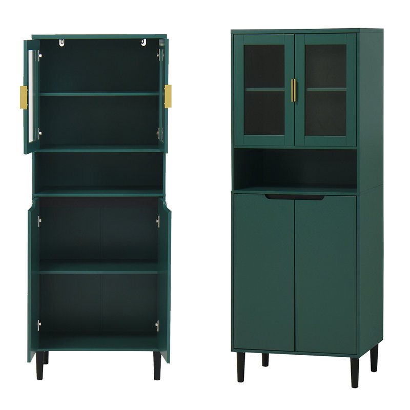 Armoire vitrée avec rangement H 63 "avec 2 portes vitrées et 2 portes, garde-manger, Or, Vert