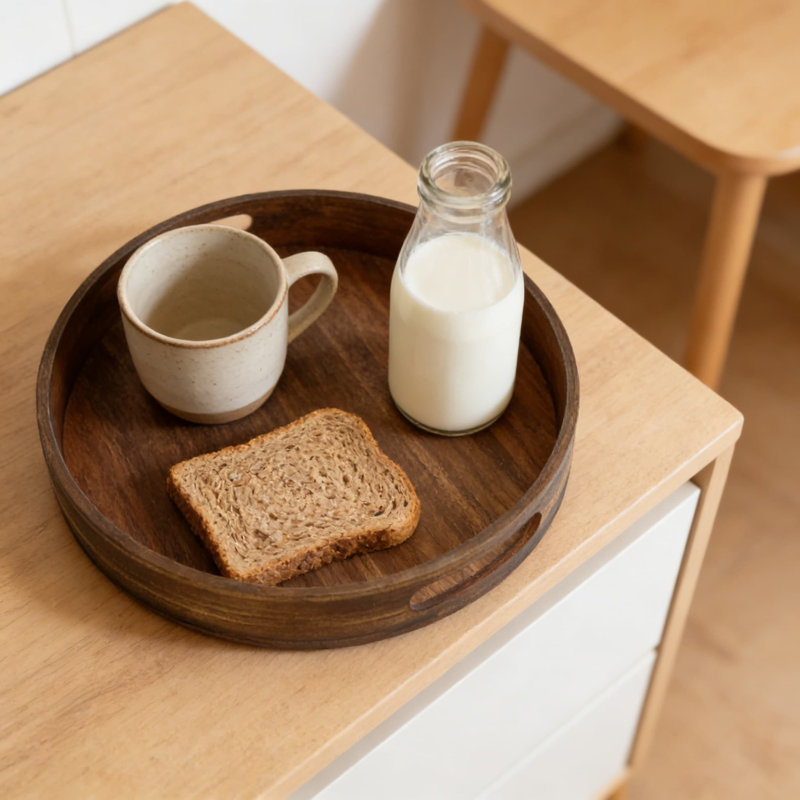Handmade Round Wooden Serving Tray With Handles, Vintage Decorative Tray For Coffee Table, Kitchen Counter, And Home Organization, Farmhouse Rustic Style