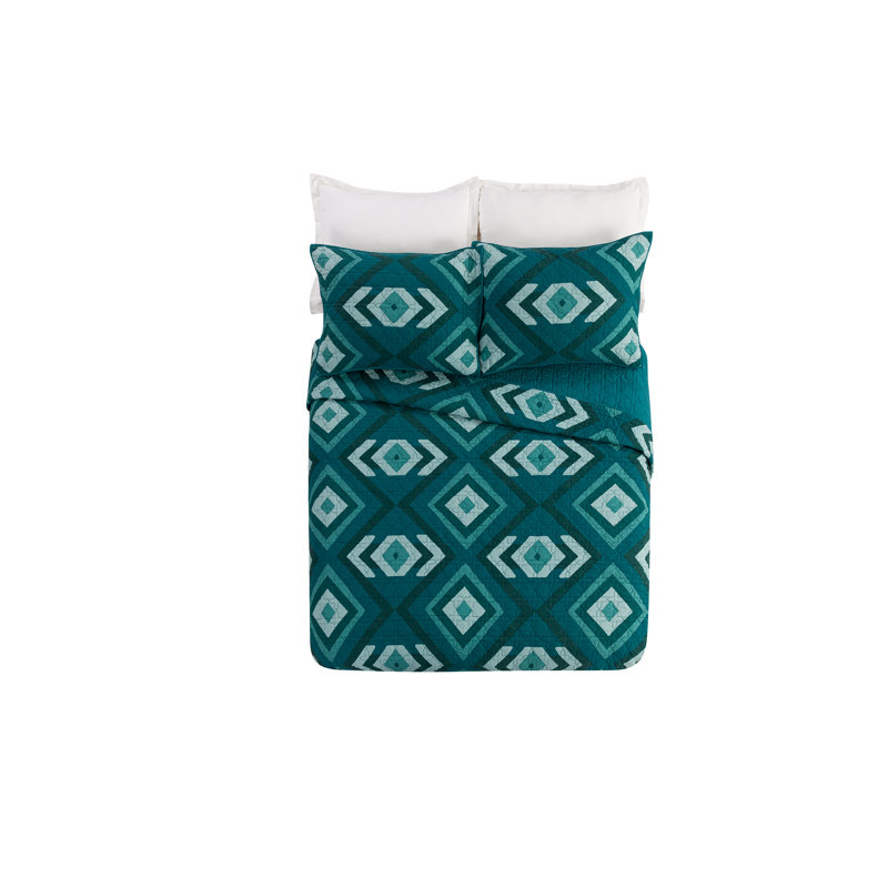 Teal and Aqua Cotton Full/Queen Quilt Set with Geometric Pattern