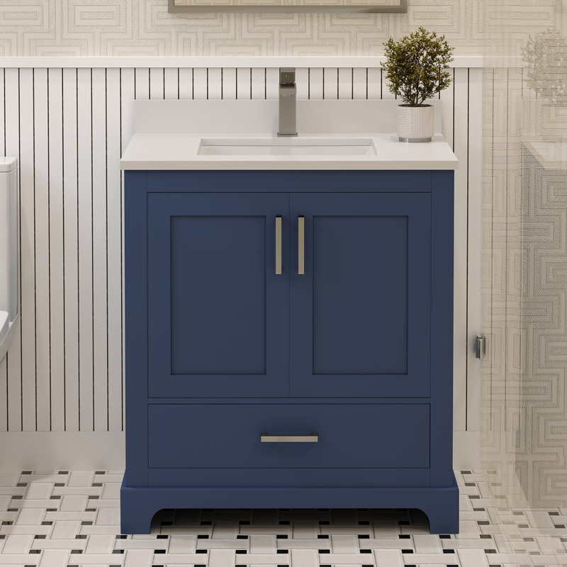 Meuble-lavabo en bois massif avec lavabo 30 po Maya - blanc, 2 portes à fermeture douce, 1 tiroir à pleine extension, Bleu