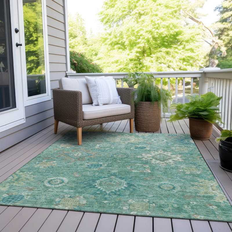Tapis bleu sarcelle lavable à la machine intérieur / extérieur Xhevrie, Rectangle 10 pi x 14 pi
