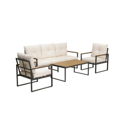 Steel Outdoor Patio Furniture Set, Oversized Patio Conversation Sets With Deep Seating And Wide Armrest, Outdoor Sectional Metal Sofa With 4 Inch Beige Cushion And Coffee Table, 5-Seater For Garden