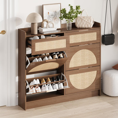 Spacious Rattan Shoe Storage Cabinet - 4 Turn Over Drawers & 2 Small Drawers - Narrow Freestanding Entryway Organizer with Adjustable Shelves & Doors
