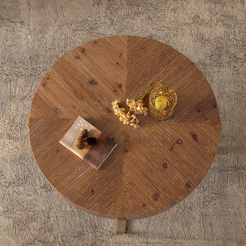 Table basse ronde rétro avec plateau en bois de sapin, Doré