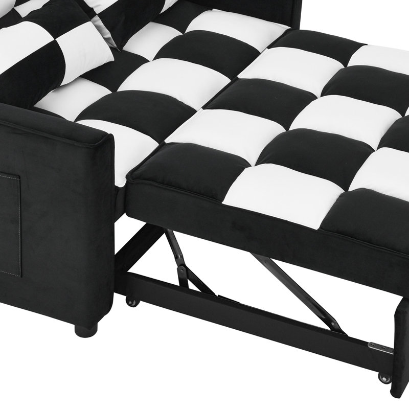 Tufted Pull-Out Sofa Bed with Adjustable Backrest And Pillows, Convertible Loveseat Sofa Couch, Black/White
