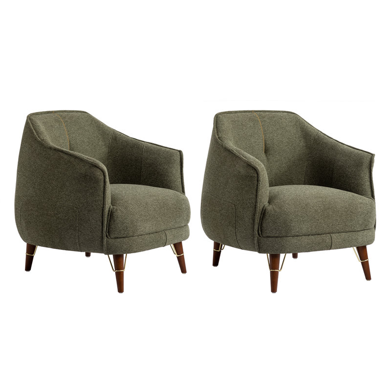 Comfy Arm Accent Chairs for Bedroom, Mid Century Modern Armchair Living Room Sofa Chair with Wooden Legs, Green Cotton Blend
