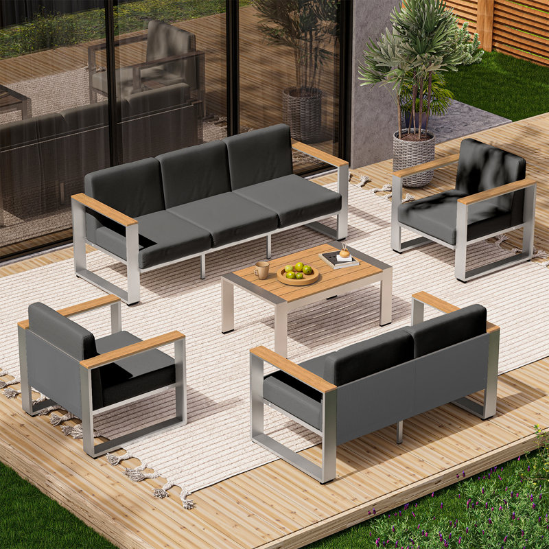 5 PCS Outdoor Conversation Set, Oak Wood/Silver, 5 Pcs: Table, 2 Chairs, Loveseat, Sofa, Dark Gray