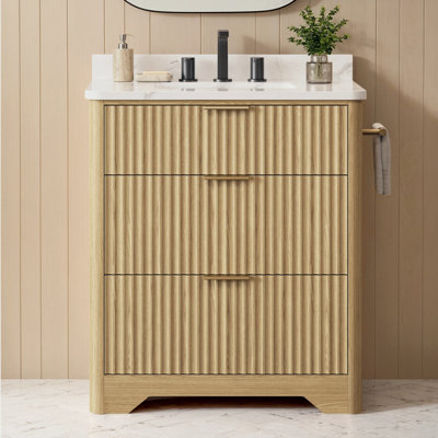 Meuble-lavabo de salle de bain avec lavabo en céramique, meuble-lavabo autoportant avec 2 tiroirs et 1 tiroir rabattable, texture grain de bois, maison de campagne