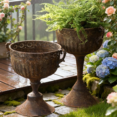 Set of 2 Antique Bronze Metal Pedestal Planters