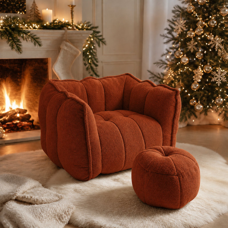 Pouf poire en chenille rouge-brun avec repose-pieds pour adultes - Grand pouf en mousse à mémoire de forme, Brun rouge