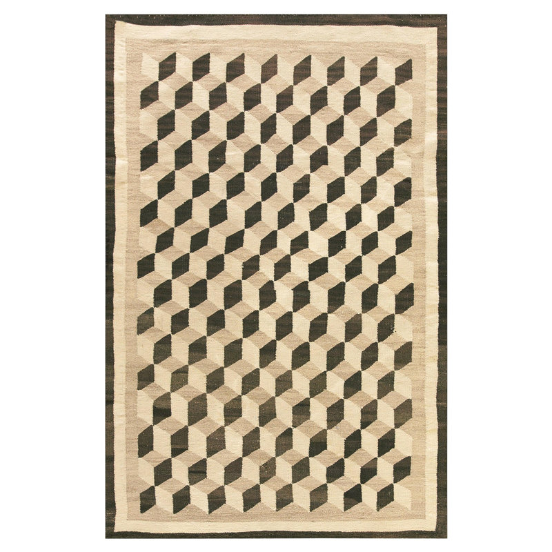1920s Brown Tumbling Block American Navajo Carpet 3'4"x4'10" Flatweave Wool Rug
