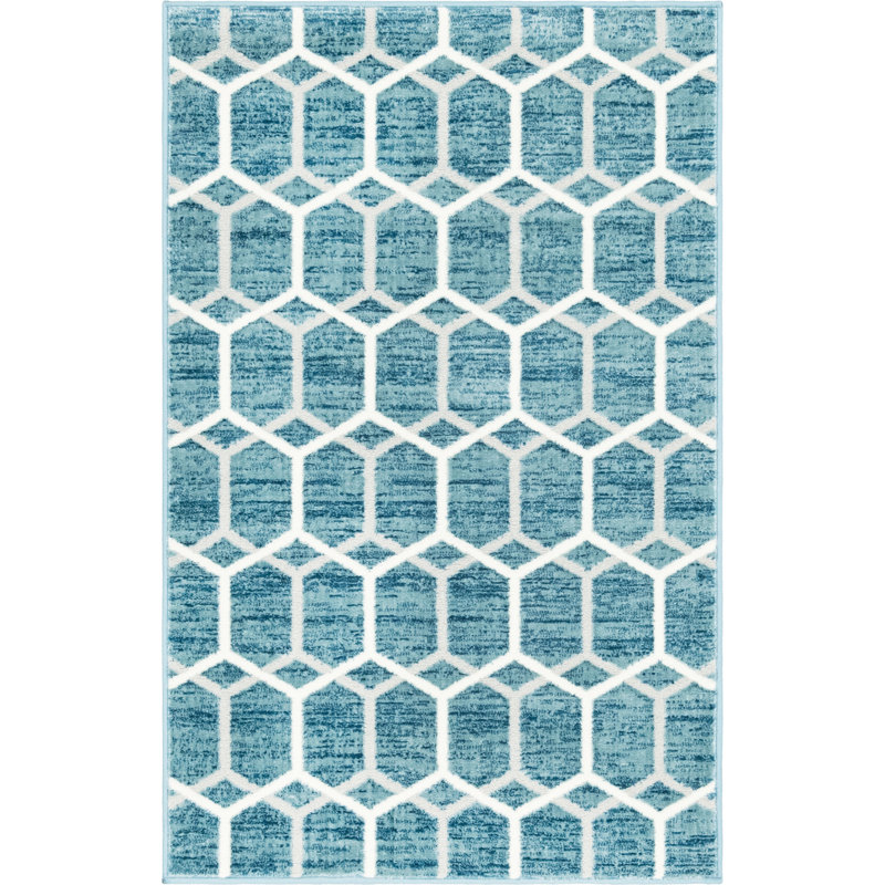 Tapis bleu / ivoire en laine Numa, Rectangle 3 pi 3 po x 5 pi 3 po