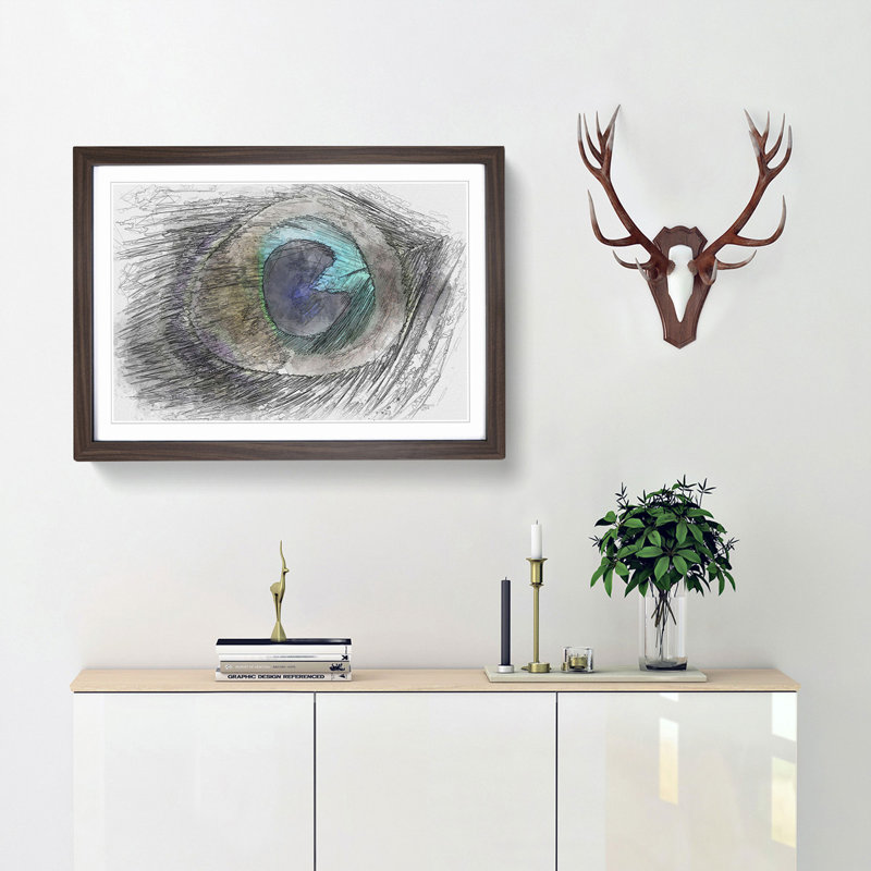 Delicate Peacock Feather in Abstract - Picture Frame Graphic Art Print, Walnut Framed, 36cm H x 48cm W x 2cm D