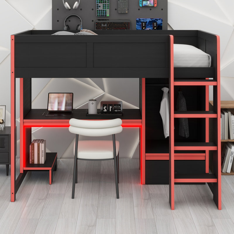 Lit mezzanine en bois avec bureau intégré, garde-robe, DEL et tiroir, Lit simple