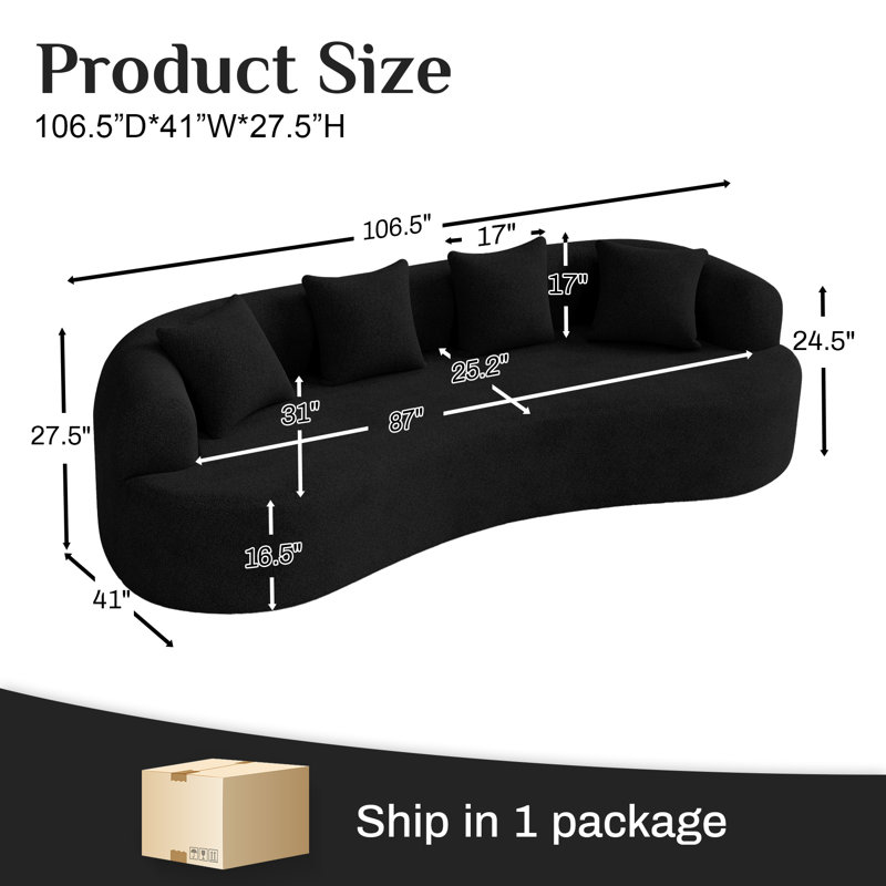 Canapé incurvé désossé en mousse à haute densité et sans assemblage requis, H 24,5 po x l 106,5 po x P 41 po, 3, Noir