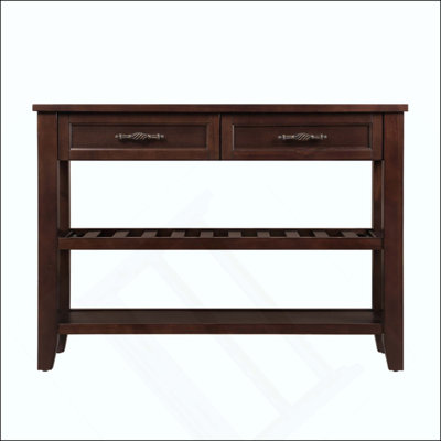  Mid-Century Console Sofa Table with 2 Storage Drawers and 2-Tier Open Shelves, 42'' Solid Wood Buffet Sideboard, Multi-Functional Entryway Hallway Table for Living Room Kitchen Dining Room