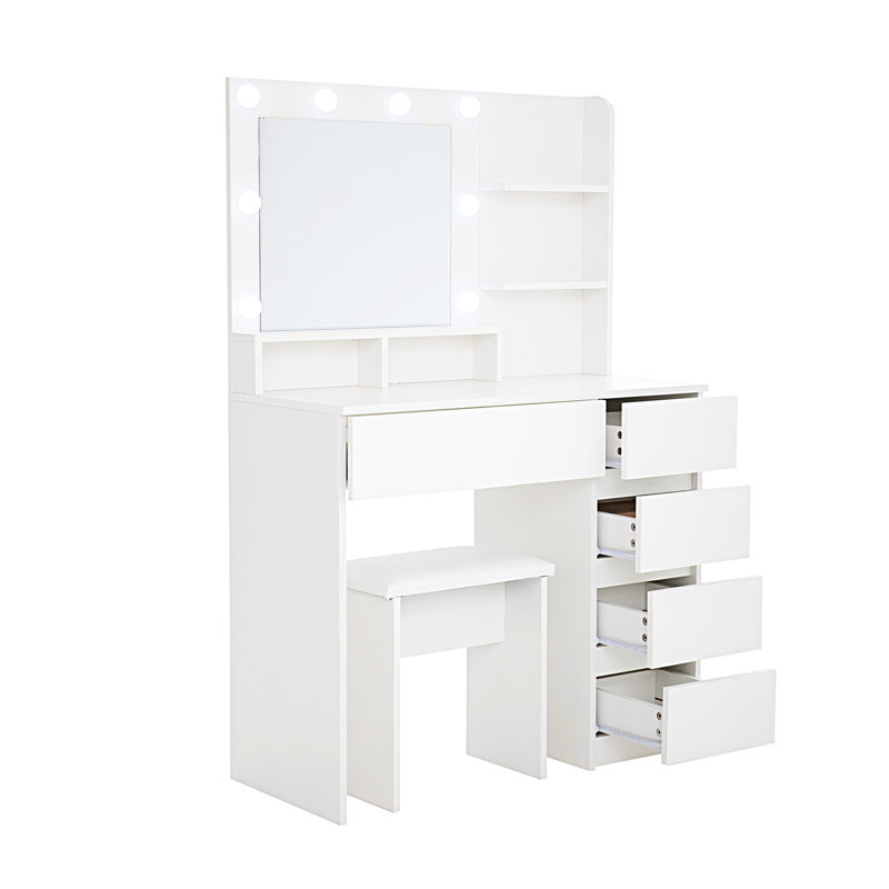 Ensemble de coiffeuse Arista avec miroir et 3 luminaires, 4 tiroirs, un espace de rangement généreux, une station de recharge blanche moderne, 2 ports et un bureau