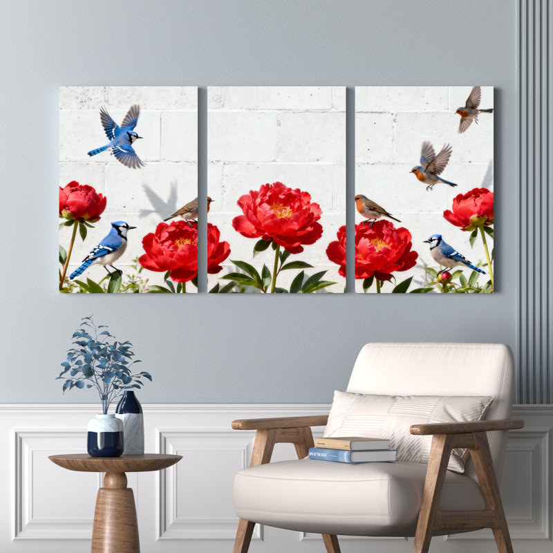 Ensemble de 3 tableaux sur toile tendue représentant des pivoines rouges et des merles bleus, pour la décoration du salon, de la chambre et de la maison.