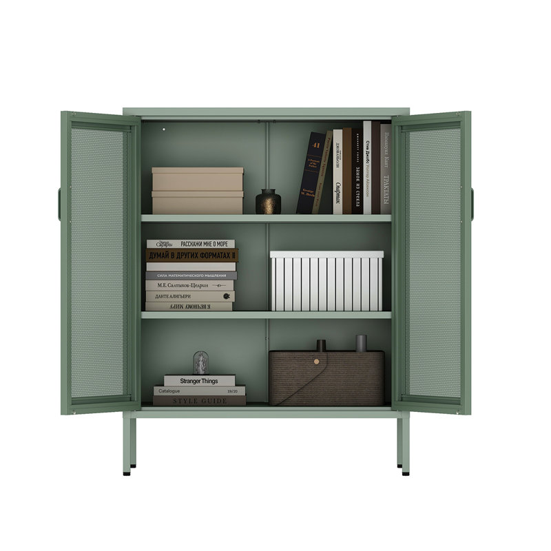 Amelia 32" Modern Steel Accent Cabinet with 3 Adjustable Shelves in Sage Green, Green