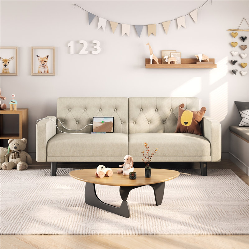 Causeuse convertible à accoudoirs carrés 63 po avec accoudoirs carrés et ports USB, beige, Beige