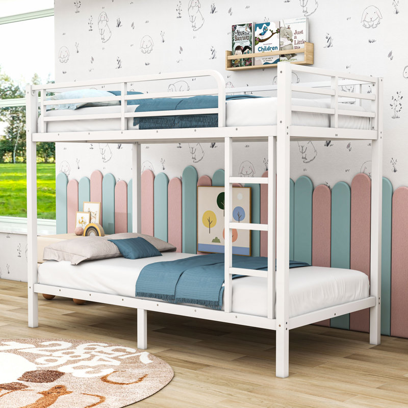 Metal Bunk Bed With Guardrails And Ladder, White, Twin XL Over Twin XL