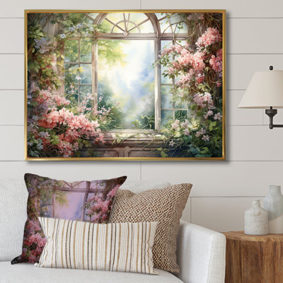 «Pink Blossoming Country Window Gaze II», reproduction d'art sur toile encadrée