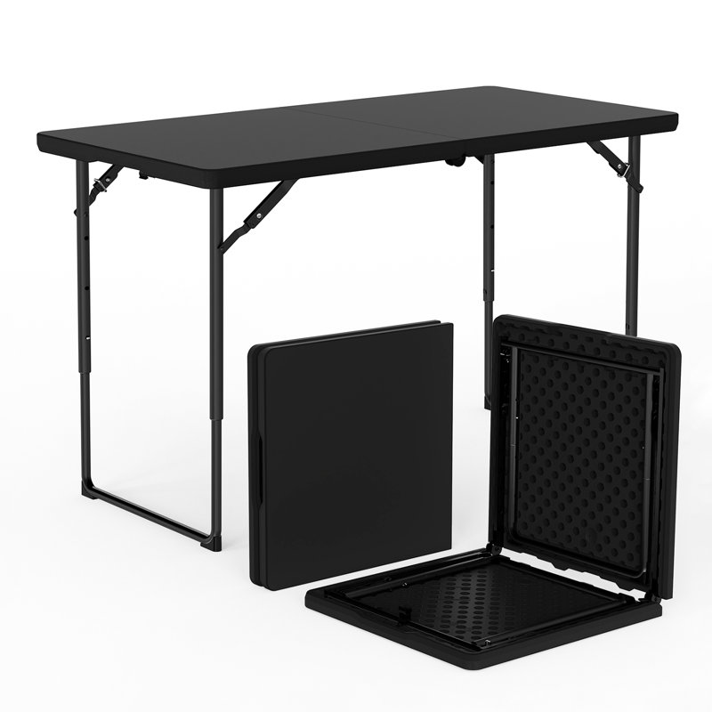 4 FT Adjustable Height Folding Table, 400 lbs Heavy Duty Plastic Table with Iron Legs, Fold-in-Half Portable Table with Handle for Indoor Outdoor Camping Picnic Party,Black