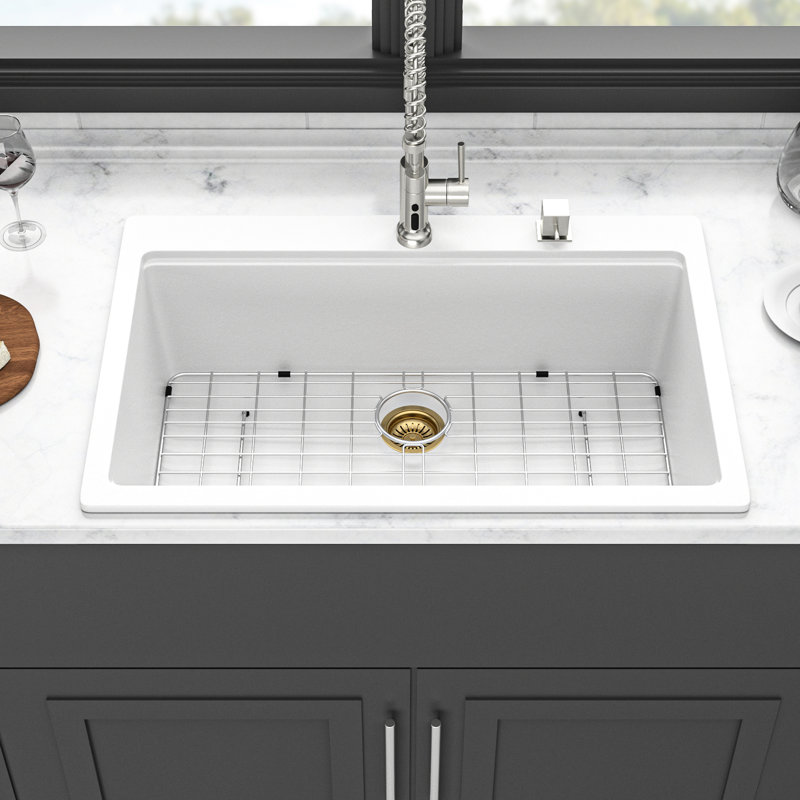 33" X 22" White Composite Workstation Kitchen Sink - Drop In, Quiet Operation, Rounded Corners For Easy Wiping, Package With Strainers Sink, Corners, Cleaning, Drying Roll Up Rack, Cutting Board