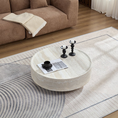 35.43" Modern Round Coffee Table In Faux Marble, Aesthetic Stone Pedestal Coffee Table, Fiberglass Accent Table, Circle Center Table For Living Room