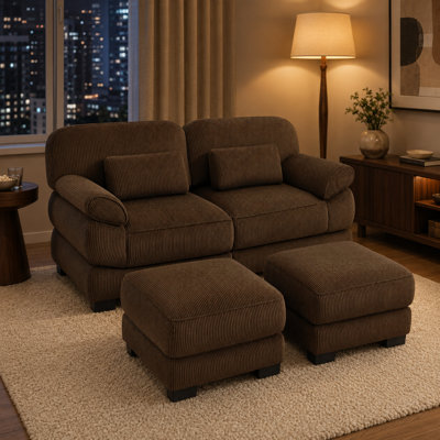 Haledon 76.4" Wide Reversible Modular Corduroy Sofa & Chaise with Ottoman and Adjustable Backrests