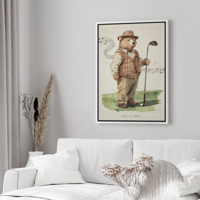 «Mr. Bear jouant au golf», impression sur toile encadrée rustique moderne