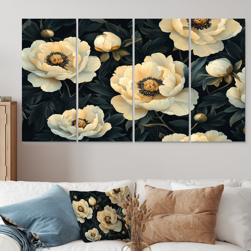 Peonis II noir et beige noir - Art mural beige - Toile d'art murale traditionnelle, H 28 po x l 48 po, 4