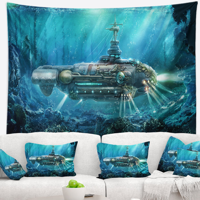 Tapisserie fantastique sous-marin abstraite, H 32 po x l 39 po
