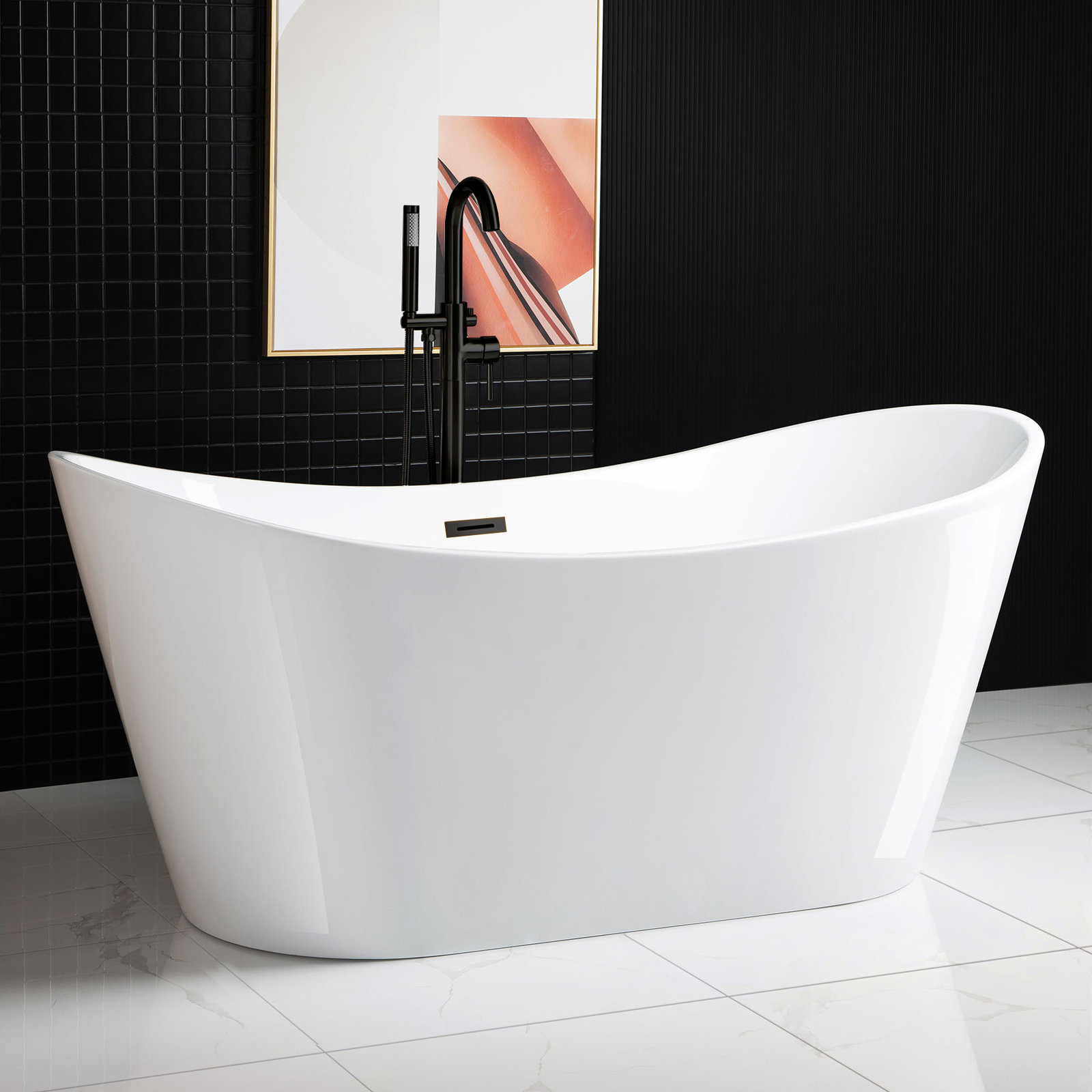 Vital 67" Freestanding Soaking Acrylic Bathtub, Oil Rubbed Bronze, White