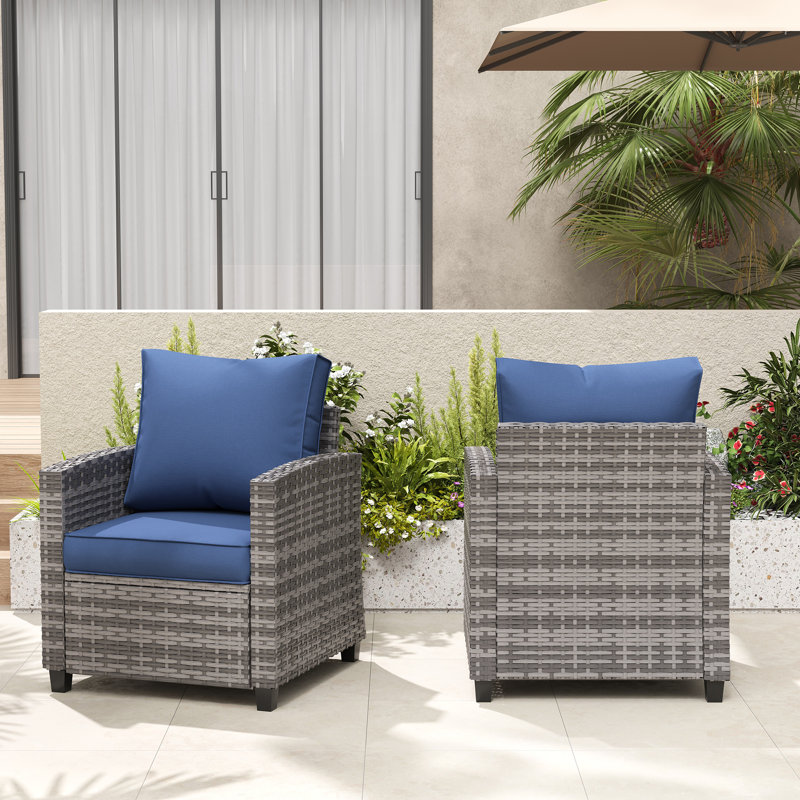 Samya Outdoor Lounge Chair With Cushions (Set of 2), Gray Frame/Navy Cushion