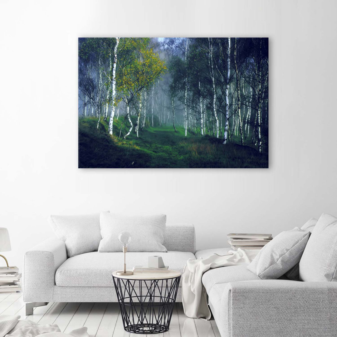 Leinwandbild Birch Forest In Fog Landscape