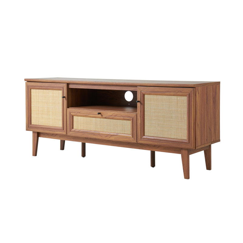 Finley 59" Mid-Century Walnut Rattan TV Stand, Woven Cane Media Console with Soft-Close Cabinet Doors, Drawer & Open Entertainment Shelf