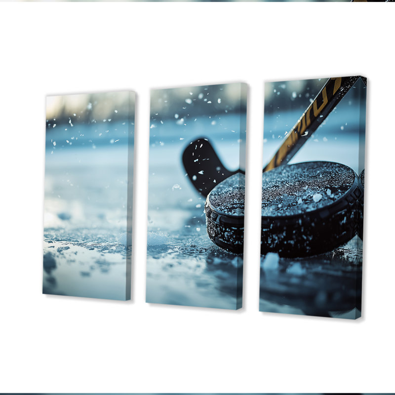 Bâton de hockey noir et rondelle en caoutchouc I - ensemble de décorations murales de hockey sport, Toile tendue