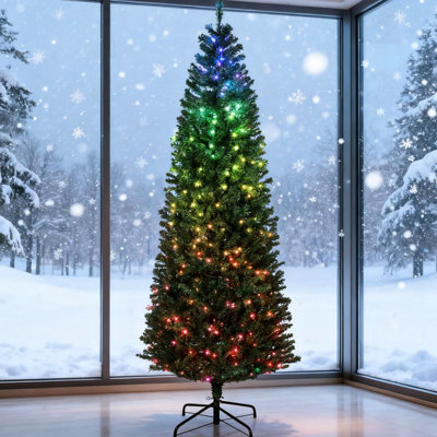 Arbre artificiel de 7 pi avec 350 lumières à DEL offrant 12 couleurs différentes, 4 options de scène, luminosité et vitesse réglables, modes avec fonction de bricolage, embouts de sapin de forme mince classique 1245, télécommande quotidienne