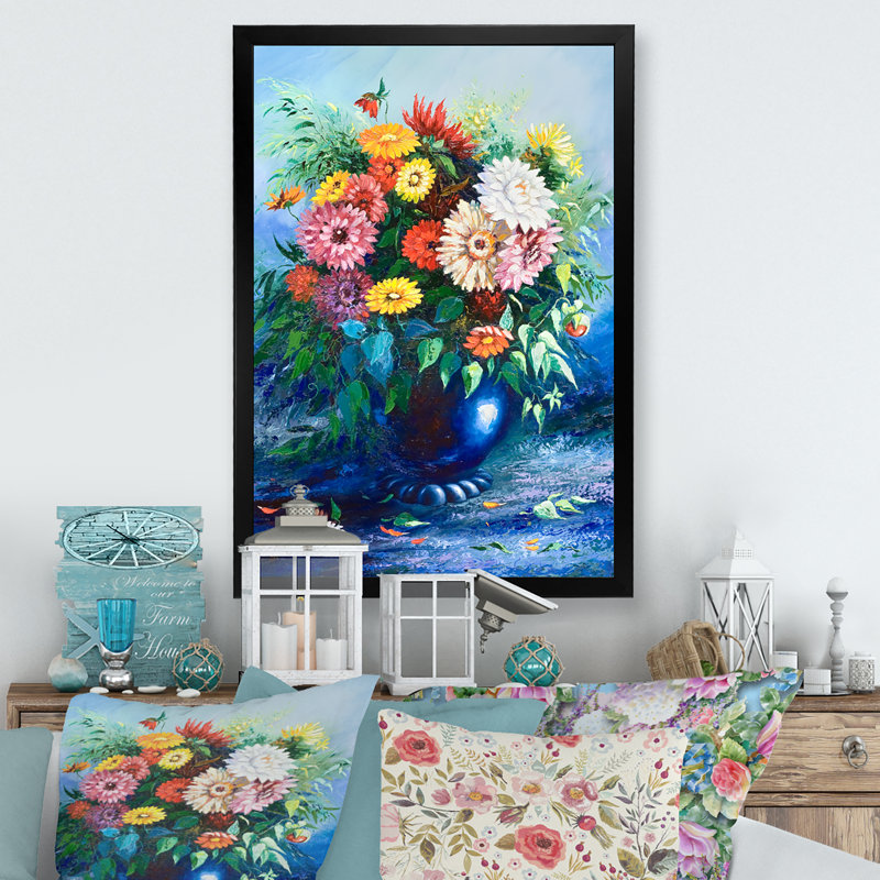 " Flower Bouquet " Painting Print, Black Picture Framed Canvas, 20" H x 12" W x 1" D