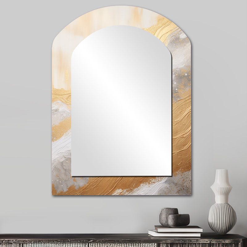 Minimaliste or abstrait et beige rivière V - Northern Lights, grand miroir mural de forme unique, miroir unique de forme traditionnelle, impression d'art en métal