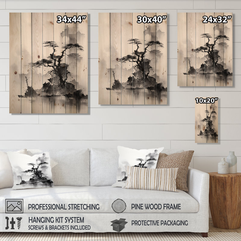 Paysage asiatique, art Sumi sur bois, H 40 po x l 30 po x P 0,78 po