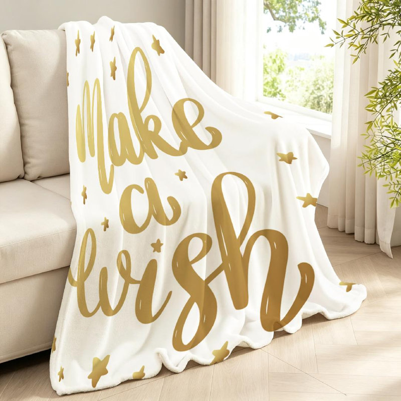 Jeté en flanelle dorée ultra douce, imprimé «Make Wish» d'un seul côté, Throw 40" x 50"