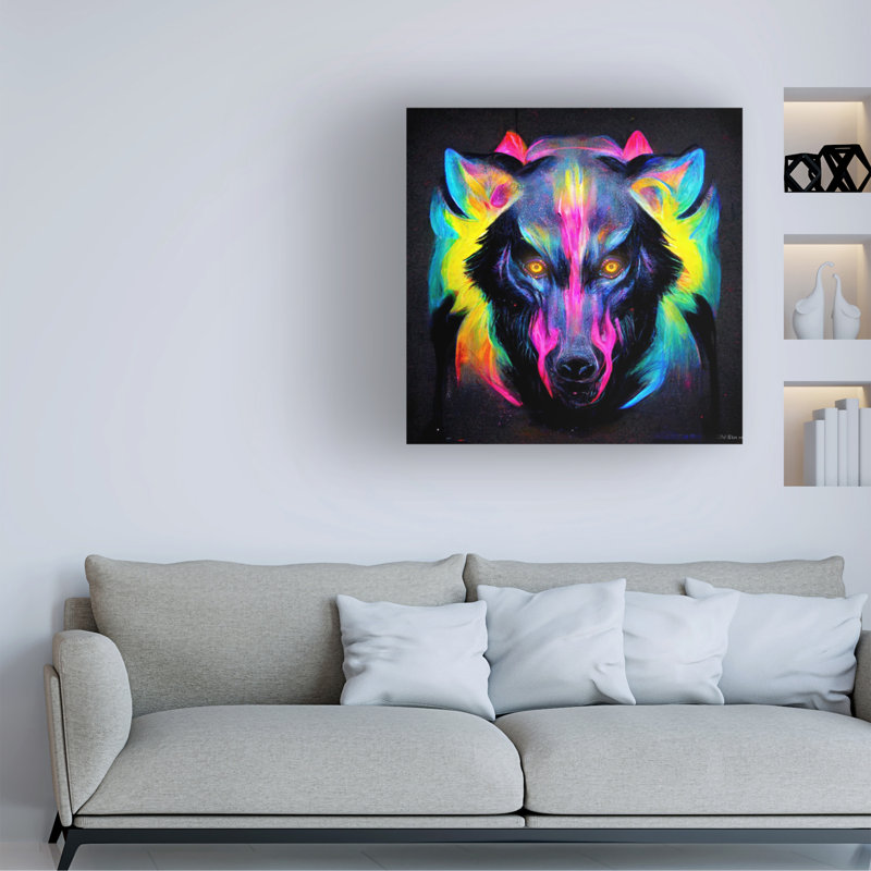 Art mural sur toile tendue - loup néon «Wumples» pour décoration de salon, de chambre à coucher ou de bureau - 24 x 24